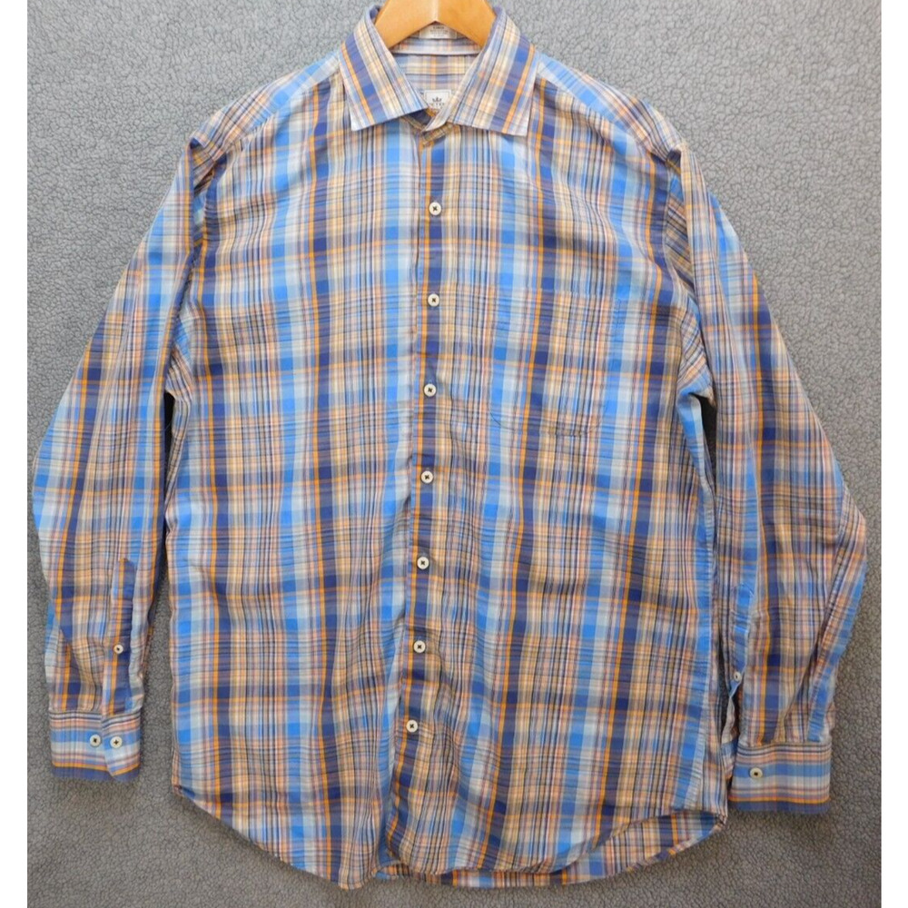 PETER MILLAR Crown Mens Size Large Blue Orange Plaid Button-Up L\S Shirt